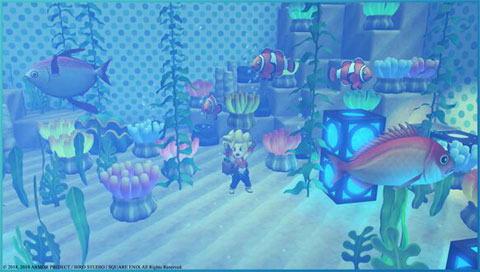  the male character with golden hair watching aquarium  